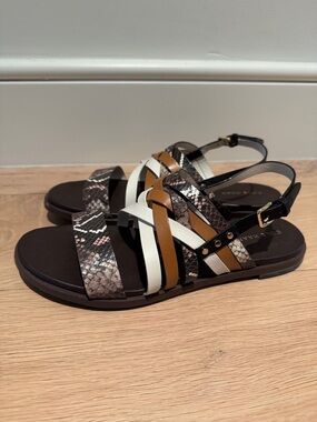 Cole Haan Leather Flat Sandal in Brown, Black, White size 7.5 - worn once